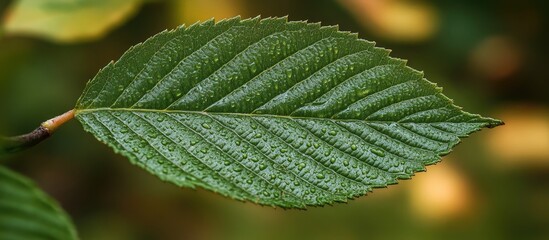 Poster - Dew droplets glistening on a vibrant green leaf against a soft blurred background in nature's morning light