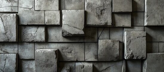 Aufkleber - Textured concrete wall with varied cement block layout showcasing unique designs and surfaces for industrial and architectural backgrounds.