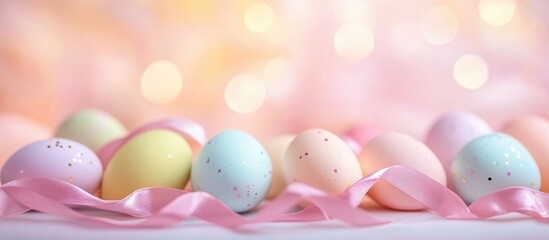 Poster - Easter themed background featuring colorful eggs adorned with a pink satin ribbon creating a festive and cheerful atmosphere