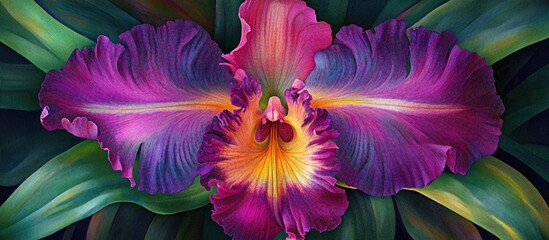Wall Mural - Vibrant orchid close-up showcasing intricate leaf textures and stunning petal colors in a natural setting.