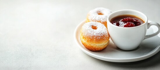 Poster - Hot espresso coffee with paczki pastries filled with jam on a white background perfect for showcasing dessert and beverage pairings.