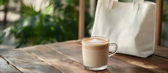 Aufkleber - Hot latte coffee in a glass on a rustic wooden table with a stylish white tote bag and greenery in the background creating a cozy ambiance.