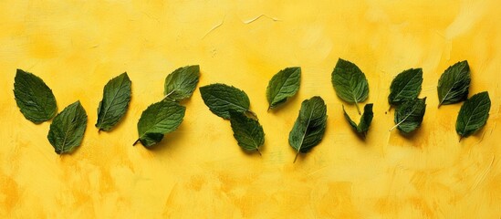 Poster - Fresh Mint Leaves Artfully Arranged on Vibrant Yellow Background for Culinary and Design Inspiration