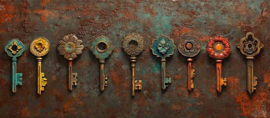 Aufkleber - Vintage keys displayed on a rusty metallic background showcasing their intricate designs for a creative retro style decorative element.