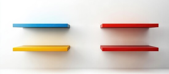 Aufkleber - Colorful minimalist shelves on white wall showcasing modern art gallery decor with empty space for text and creative display options
