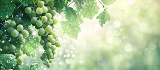 Aufkleber - Fresh green grape cluster hanging on vine with soft blurred background highlighting farming theme and natural beauty of grapes.