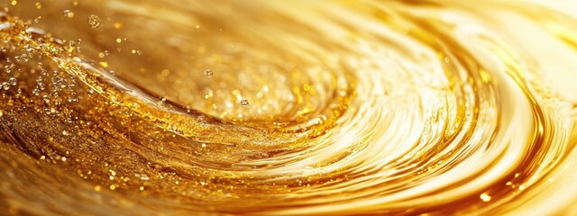 Poster - Liquid gold swirl with sparkling particles creating a luxurious background with ample empty space for text or branding elements.