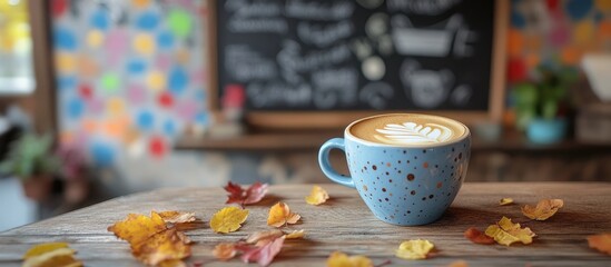 Poster - Cappuccino coffee on wooden table with autumn leaves and colorful chalkboard background creating a cozy seasonal atmosphere