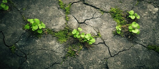 Poster - Cracked concrete floor with green plants and moss flourishing in the gaps perfect for nature backgrounds and textured design projects
