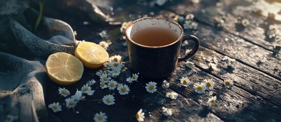 Aufkleber - Chamomile tea cup with dried flowers and lemon slices on rustic black wooden table in natural light