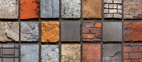 Poster - Variety of textured concrete and brick wall surfaces showcasing different colors and patterns for use in architectural designs and backgrounds