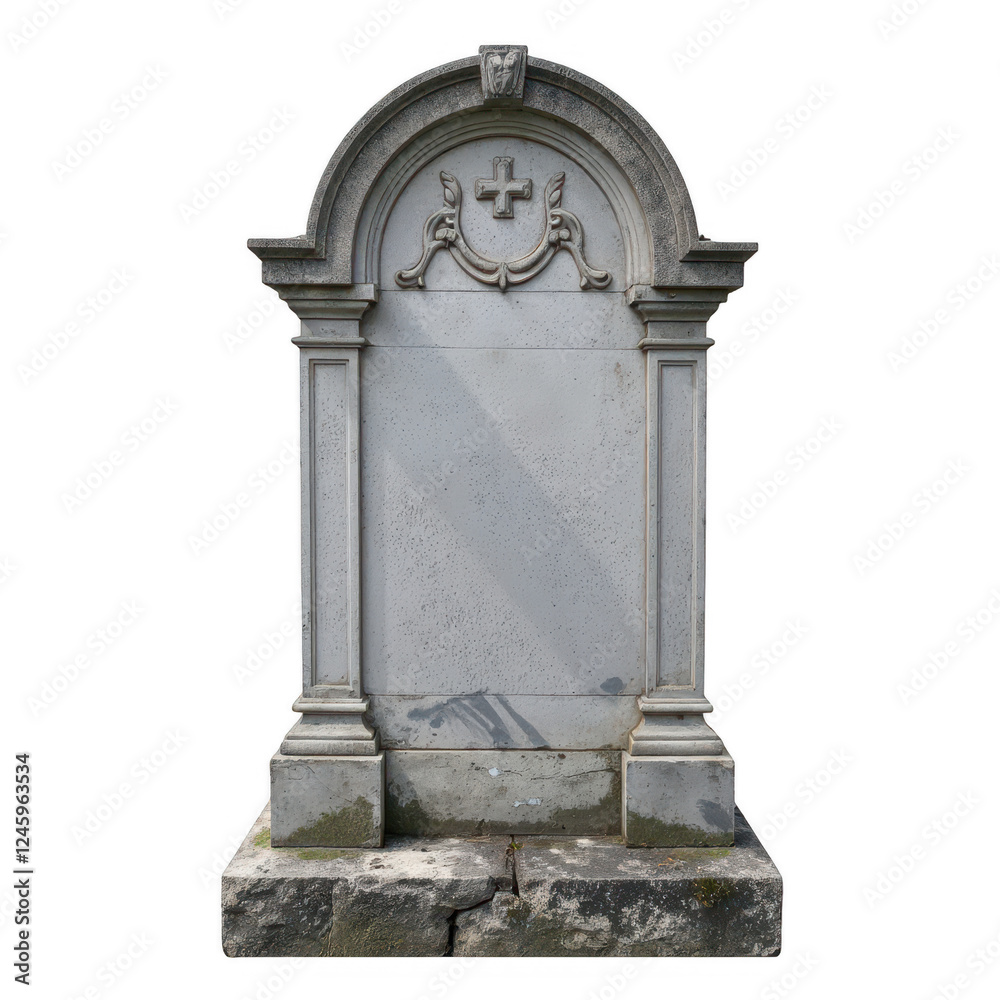 Classic gravestone, ornate stone structure with arches and a blank ...