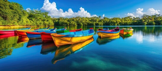 Leinwandbilder - Vibrant color reflections of boats on tranquil water surrounded by lush greenery and blue sky with fluffy clouds