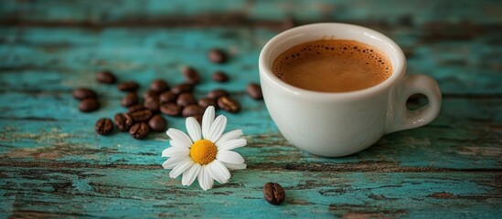 Poster - Espresso coffee cup with coffee beans and chamomile flower on a rustic turquoise wooden table enhancing cozy ambiance and tranquility.