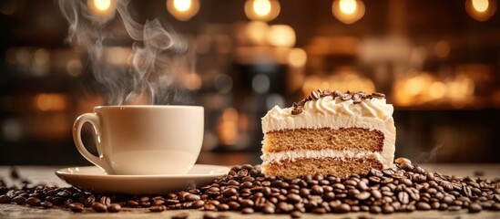 Poster - Coffee cup and slice of cake placed on coffee beans with a warm, inviting atmosphere and steam rising from the cup in a cozy cafÃ© setting