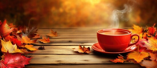Aufkleber - Steaming cup of tea surrounded by vibrant autumn leaves on a rustic wooden table with a warm atmospheric background