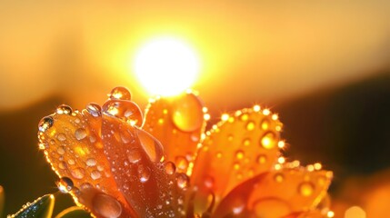 Poster - Dewdrops on a buttercup flower illuminated by sunset creating a warm glow with empty space for text and design elements