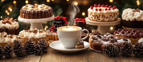 Poster - Cozy Christmas Coffee with Assorted Cakes and Treats Surrounded by Festive Decorations and Warm Lighting