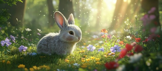 Poster - Easter bunny sitting peacefully among vibrant spring flowers in a serene woodland setting illuminated by soft sunlight.