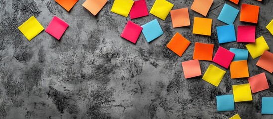 Poster - Vibrant sticky notes scattered on a textured gray background with ample space for personalized text or creative content.