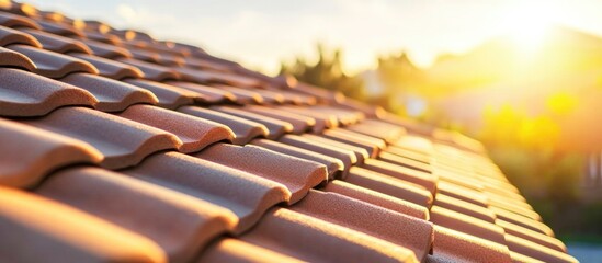Poster - Concrete Roof Tiles at Sunrise Highlighting a Slipped Tile in Residential Setting