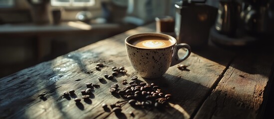 Poster - Coffee cup on rustic wooden table with coffee beans in soft morning light creating a warm and inviting atmosphere.
