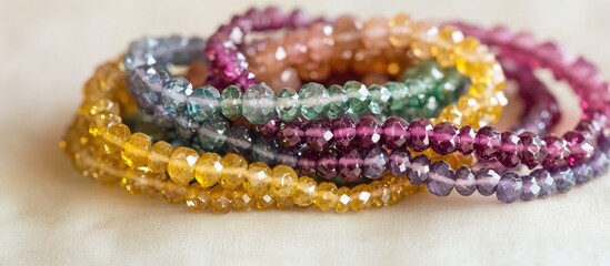Poster - Colorful beaded gemstone strings in various hues arranged elegantly on a soft surface showcasing their intricate design and craftsmanship