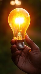 Aufkleber - Hand holding glowing lightbulb, sunset background; idea, innovation concept