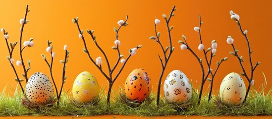 Poster - Easter decoration featuring willow branches and colorful decorative eggs on a vibrant orange background with green grass accents