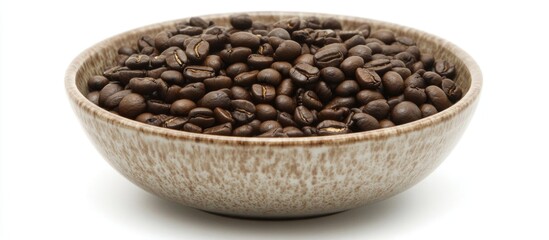 Poster - Coffee beans in a rustic bowl isolated on a white background showcasing their rich texture and color. Perfect for coffee-related themes.