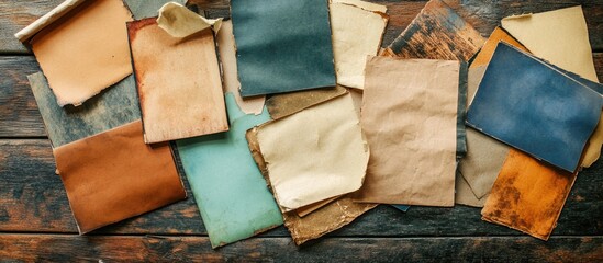 Poster - Grunge style note papers assortment on rustic wooden background for creative projects and design inspiration