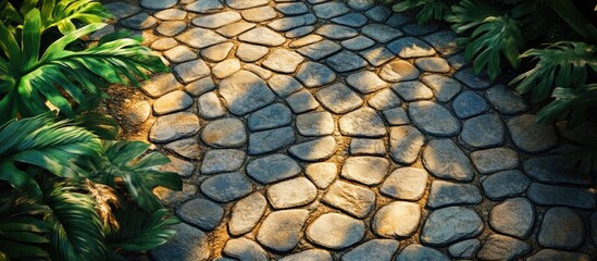 Aufkleber - curved cobblestone pathway surrounded by lush greenery and dynamic sunlight creating a serene outdoo