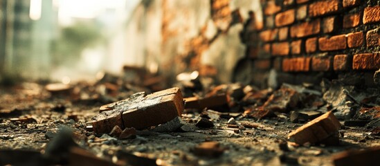 Poster - Ruined brick wall debris scattered on ground showcasing urban decay and destruction in a dramatic natural light setting.