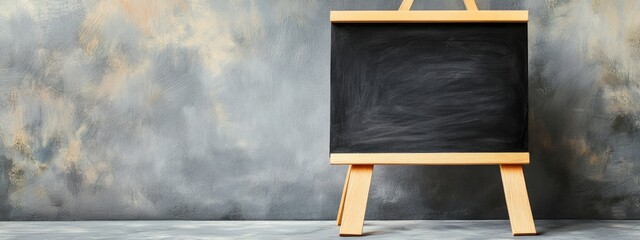 Poster - Easel with black chalkboard on grey backdrop illuminated by golden hour light suitable for back to school concept and promotional mockups