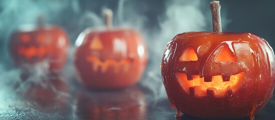 Aufkleber - Halloween caramel apples with spooky faces in smoky setting perfect for festive treats and desserts backdrop with space for text.