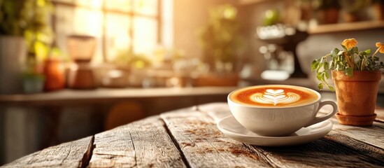 Poster - Cappuccino in cozy cafÃ© setting with warm sunlight and greenery creating an inviting atmosphere on a wooden table