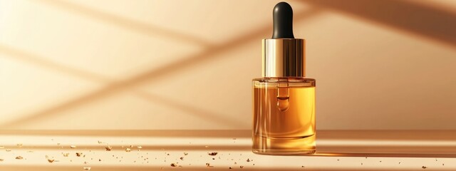 Poster - Elegant Gold Face Serum Bottle Mockup with Soft Light and Empty Space for Branding or Text Usage