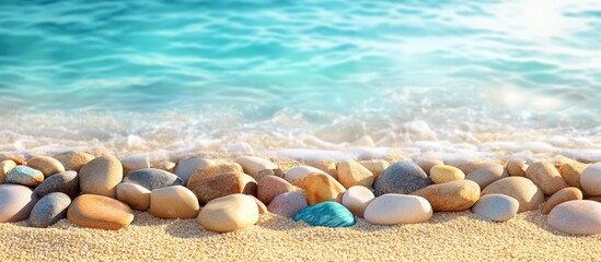 Aufkleber - Colorful pebbles on a sandy beach with turquoise water creating a serene coastal landscape and ample copy space for design use.
