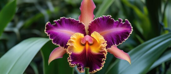 Poster - Vibrant orchid close-up showcasing intricate petal patterns and colorful leaf textures in a lush green environment.