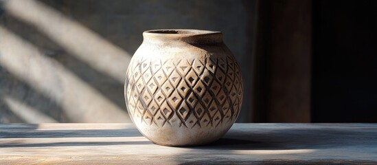 Poster - Handcrafted vintage earthenware clay pot with intricate geometric patterns illuminated by soft natural light