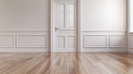 Poster - Contemporary hallway featuring a glass panel door and elegant wooden flooring with ample empty space for customizable text or graphics.