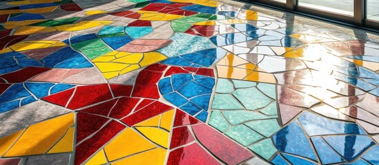 Poster - Vibrant color mosaic floor design showcasing multicolored tiles with geometric patterns and reflections in natural light.
