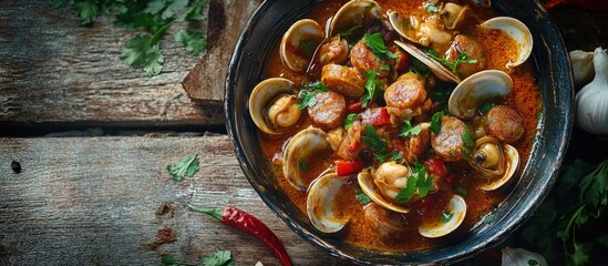Poster - Curry with Clams and Sausage in a Rustic Bowl Garnished with Fresh Herbs and Spices on a Wooden Table
