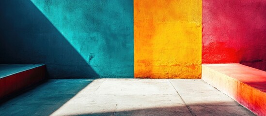 Poster - Bold color blocking in urban space showcasing vibrant teal, yellow, and red wall textures in a contemporary design setting.