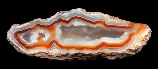 Poster - Translucent slice of natural agate stone showcasing intricate mineral patterns and textures ideal for backgrounds and wallpapers.