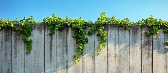 Poster - Concrete fence covered with green vines under a clear blue sky showcasing an urban nature blend in architectural design.