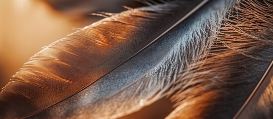 Poster - Macro photography of two elegant brown duck feathers captured in a soft, romantic light highlighting their intricate details and textures.