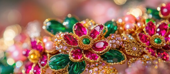 Poster - Colorful crystal beaded Thai garland with intricate floral design showcasing vibrant greens and pinks in a festive arrangement