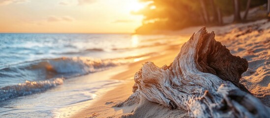 Poster - Peaceful sunset over sandy beach with a dry pine tree trunk reflecting golden light on water, ideal for product placement and nature themes.