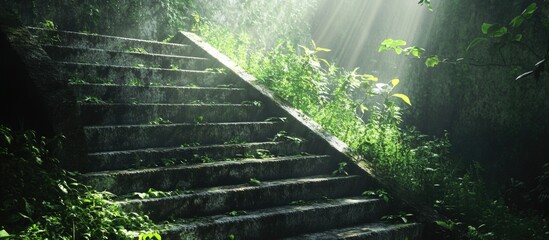 Poster - Overgrown concrete staircase in a lush outdoor setting with sunlight filtering through leaves creating a serene atmosphere